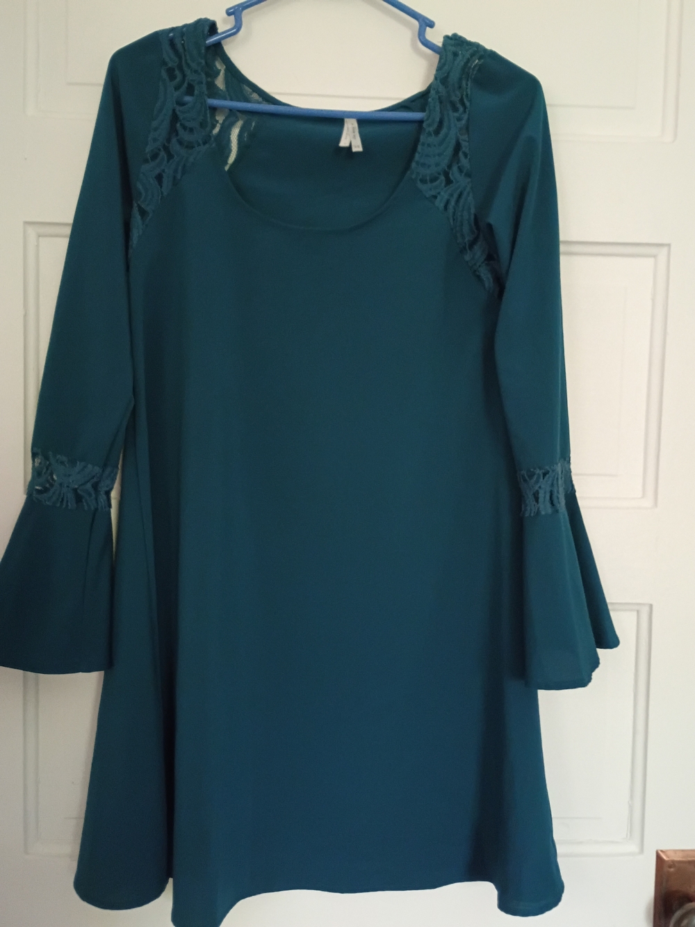 Women's Teal Long-Sleeve Lace-Trim A-Line Tunic